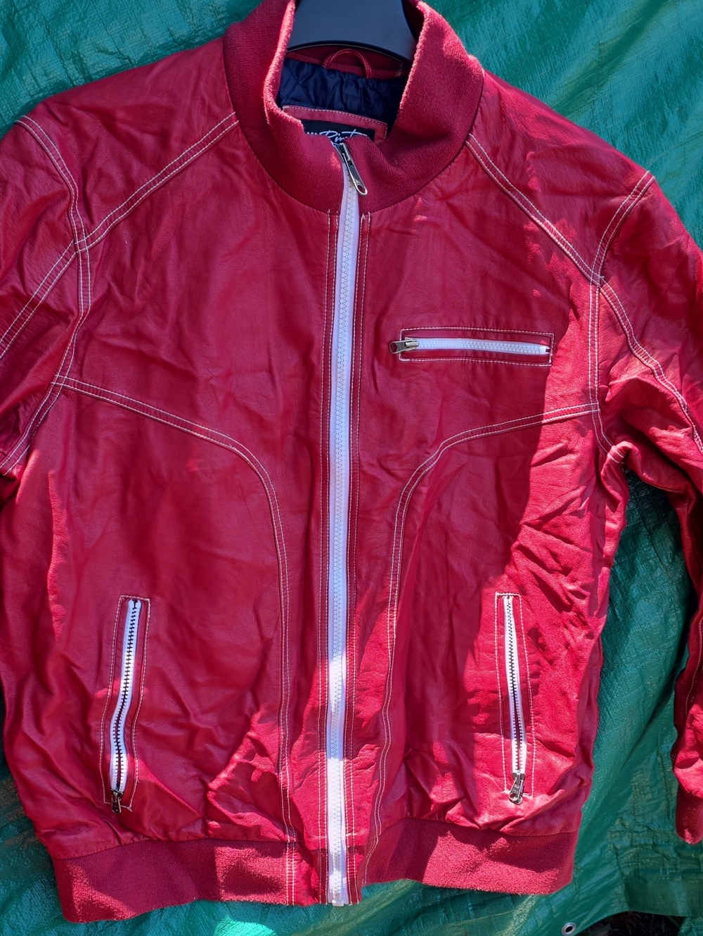 Black Rivet Red Zip-Up Bomber Jacket with White Trim